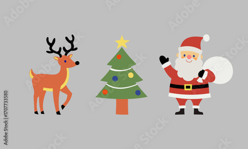 サンタクロースとクリスマスツリーとトナカイのクリスマスイラストのセット