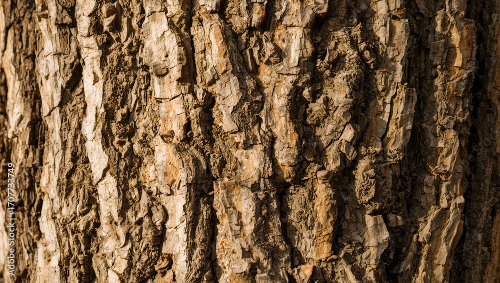 Obraz premium Detailed close-up view of a tree's textured bark, showcasing intricate patterns and varied shades of brown and gray.