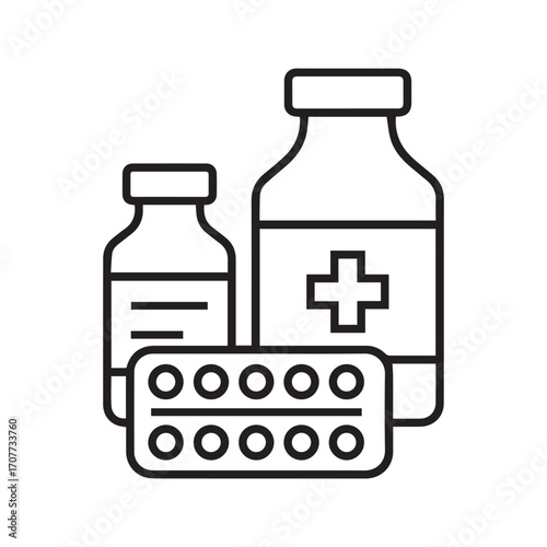 Medicine bottles and pills blister pack line icon. Vector illustration of pharmaceutical drugs, medication, and healthcare supplies.”
nt
