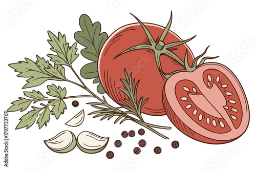 Fresh Tomato and Herbs Culinary Ingredients.