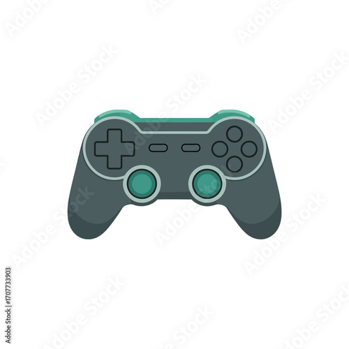 An isolated black video game controller with a keypad of colorful buttons for fun and entertaining gameplay