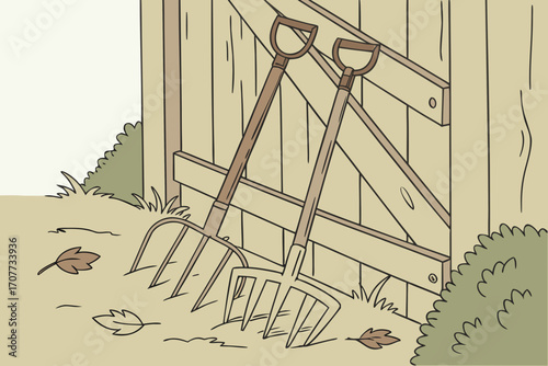 Garden Tools Resting Against Wooden Fence.