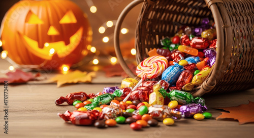 A wicker basket tipped over, spilling a vibrant cascade of assorted Halloween candies and sweets onto a wooden table, with a glowing pumpkin in the background
