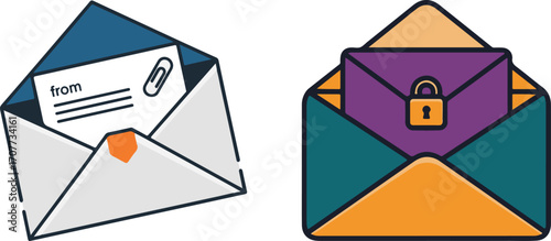 Open Envelopes: One with Mail and Paperclip, Another with Secured Document and Padlock