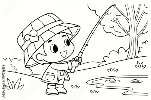 Happy Child Fishing by the Pond.