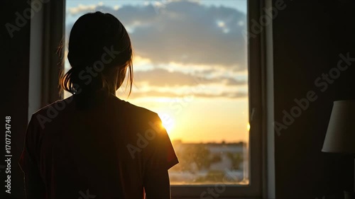 Silhouette of woman looking out window at golden sunset. Atmospheric and moody banner. Contemplation, solitude, and hope concept. Mental health and new beginnings