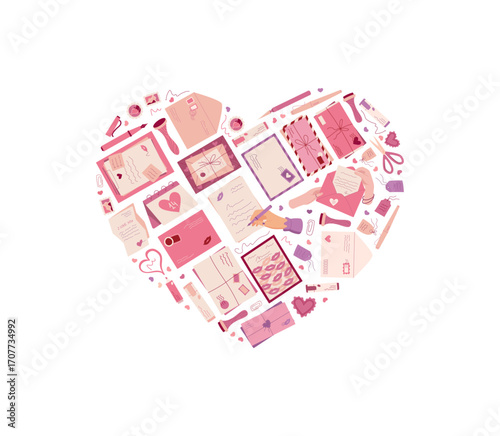 Cartoon heart and love mail sticker concept with envelope, letter, card, and message. Valentine mail design in playful cartoon graphic style. Envelope card send heart message for valentine