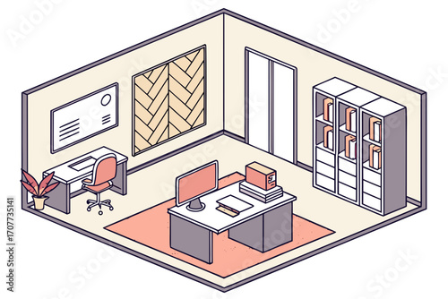 Isometric Office Space with Desks and Bookshelf.