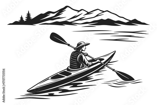 Kayaker Paddling Through Water with Mountain Background.