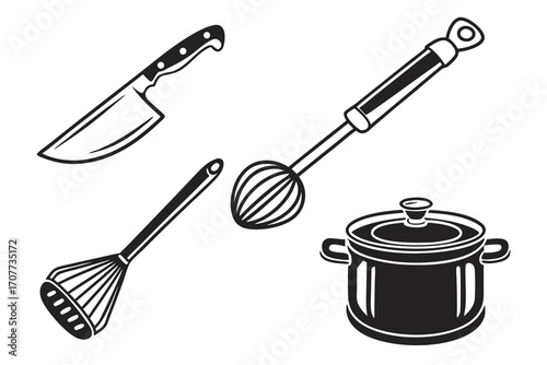 Kitchen Utensils Collection Knife Whisk and Pot.
