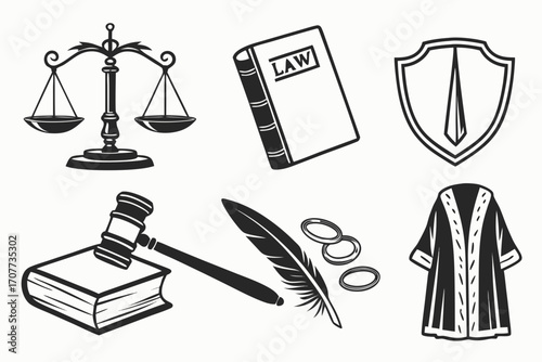 Legal Justice Symbols Collection Scales Gavel Law Book.