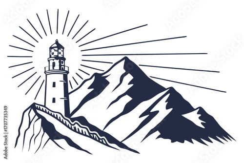 Lighthouse on Rocky Mountain Peak with Light Rays.