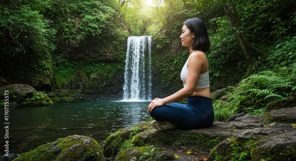 Fototapeta premium young asian woman practicing meditation by tranquil waterfall surrounded by lush green forest. peaceful nature retreat, relaxation and mindfulness. wellness blog, spa relaxation, travel