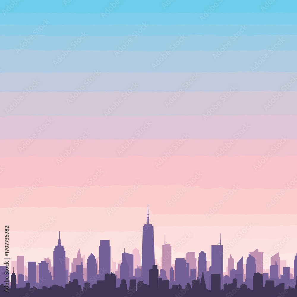 Obraz premium Cityscape silhouette with purple buildings and a pastel sky at dawn, showcasing urban skyline
