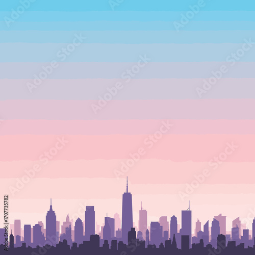 Cityscape silhouette with purple buildings and a pastel sky at dawn, showcasing urban skyline