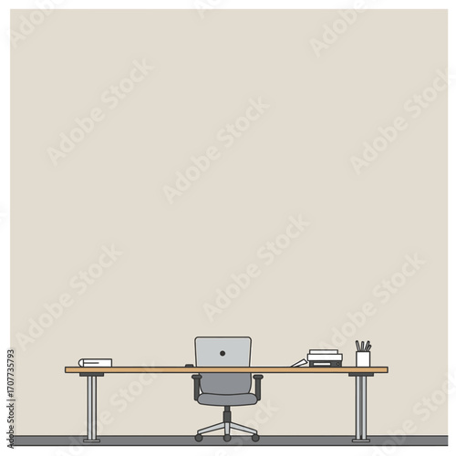 Minimalist illustration of a modern office workspace, featuring a long desk, chair, and laptop.