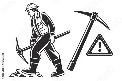 Miner Working with Pickaxe and Warning Sign.