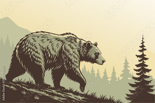 Majestic Grizzly Bear Walking Through Pine Forest.
