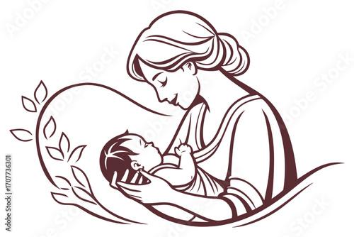 Mother Holding Baby Tenderly With Leaves.