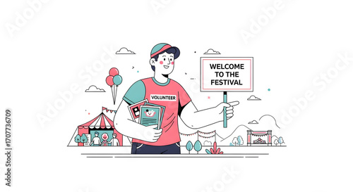 A friendly volunteer welcomes visitors to a vibrant festival with a sign and brochures.