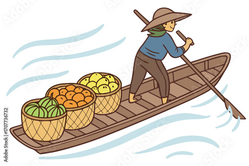 Person rowing boat with baskets of fruit.