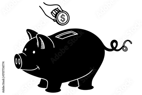 Piggy Bank with Dollar Coin Deposit.