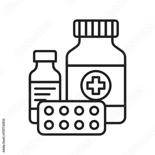 Medicine bottles and pills blister pack line icon. Vector illustration of pharmaceutical drugs, medication, and healthcare supplies.”
nt