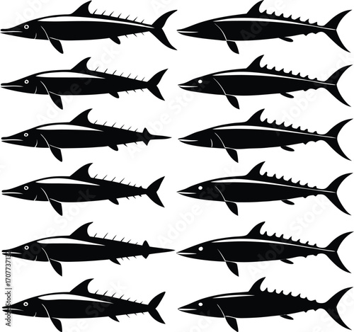 Black Tuna Fish Silhouettes: Seamless Pattern, Ocean Life, Vector Art