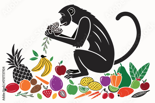 Silhouette Monkey Eating Fruit Surrounded by Assorted Produce.