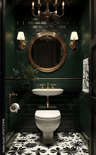 Elegant Dark Green Bathroom Interior with Gold Accents and Ornate Decor, Modern Lavatory Design for a Sophisticated Home