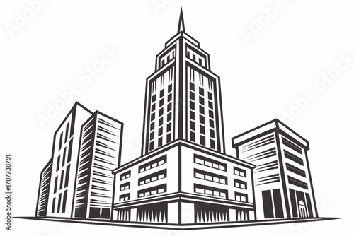 Stylized Black and White Cityscape with Tall Buildings.