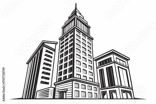 Stylized Black and White Cityscape with Tall Buildings 1.