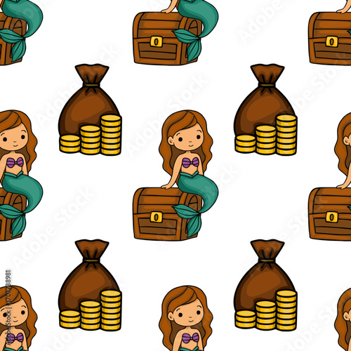 Seamless vector pattern featuring adorable mermaids sitting on treasure chests, accompanied by sacks of gold coins, creating a charming underwater fantasy scene.
