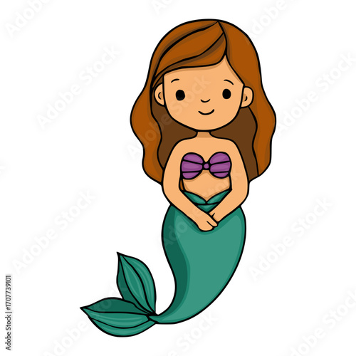 Adorable vector illustration of a cartoon mermaid with brown hair and a teal tail, wearing a purple seashell bra, perfect for children's books, greeting cards, or textile prints.
