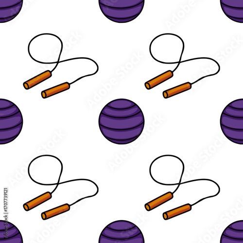 Seamless vector pattern featuring a playful illustration of purple fitness balls and orange jump ropes, creating a vibrant and energetic design perfect for gym-related projects or active lifestyle...