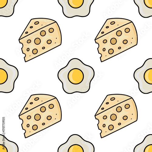 Seamless vector pattern featuring cheerful cartoon illustrations of fried eggs and cheese wedges, perfect for kitchen textiles or breakfast-themed designs.