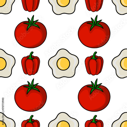 Seamless vector pattern featuring a cheerful arrangement of fried eggs, red tomatoes, and bell peppers, creating a vibrant and appetizing design ideal for kitchen-themed projects.