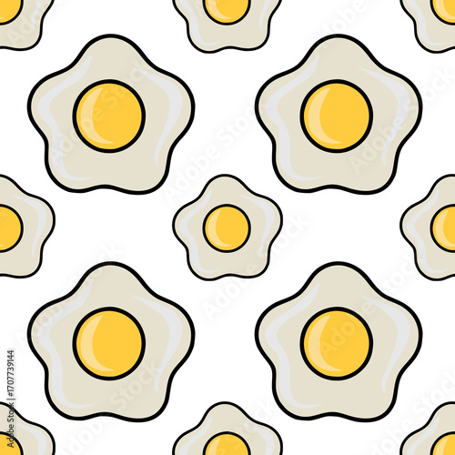 Delightful vector seamless pattern featuring stylized fried eggs with irregular shapes and vibrant yellow yolks, creating a cheerful and appetizing design perfect for kitchen textiles or breakfast-...