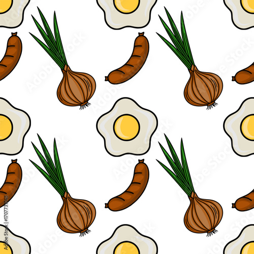 A cheerful vector seamless pattern featuring fried eggs, sausages, and onions, ideal for kitchen-themed designs or breakfast-related projects.
