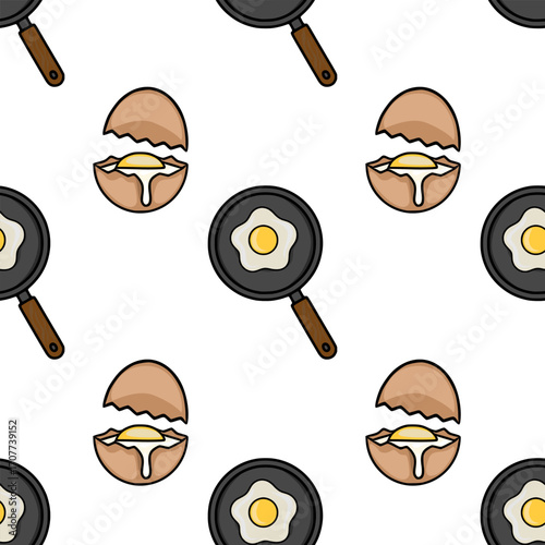 Seamless vector pattern of cracked eggs and fried eggs in pans, a cheerful kitchen illustration with a hand-drawn style and light color palette.