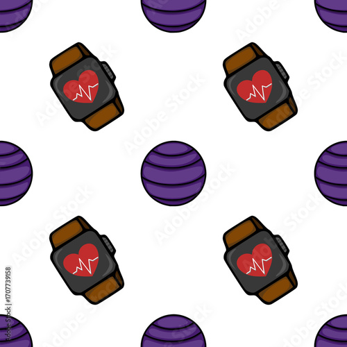 Seamless vector pattern featuring a repeating design of fitness trackers displaying heart rate monitors and purple fitness balls, ideal for sportswear or health app backgrounds.
