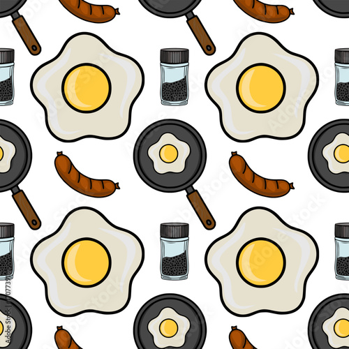 Seamless vector pattern featuring hand-drawn illustrations of fried eggs, sausages, frying pans, and a pepper shaker, creating a cheerful and appetizing breakfast-themed design.
