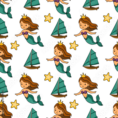 Seamless vector pattern featuring charming mermaids with golden crowns, teal tails, and miniature sailing boats on a white background, creating a whimsical underwater scene.