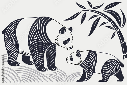 Stylized Giant Pandas with Bamboo Illustration.