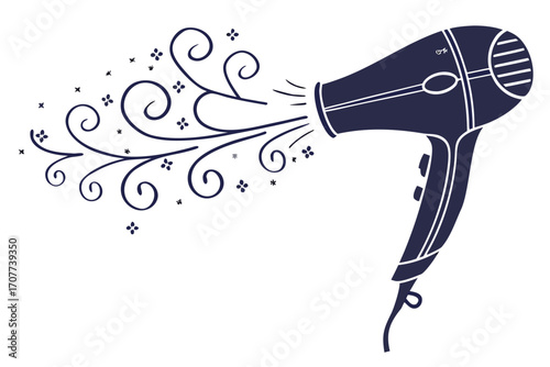Stylized Hair Dryer Blowing Decorative Swirls and Flowers.