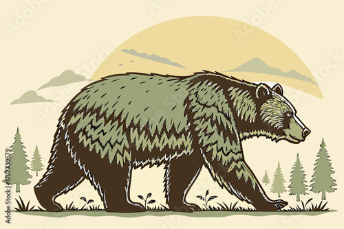 Stylized Grizzly Bear Walking Through Forest Landscape.
