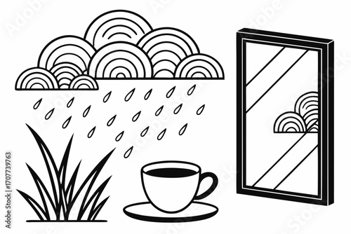 Stylized Rain Grass Coffee and Window Reflection.