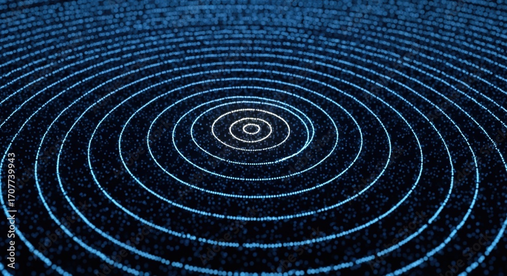 Naklejka premium Abstract blue concentric circles and glowing particles on a dark background