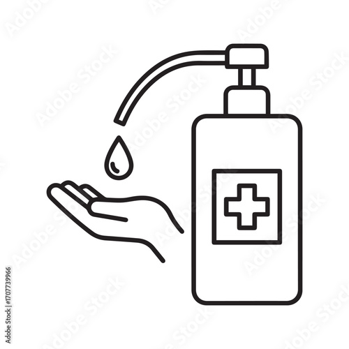 Hand sanitizer dispenser line icon. Vector graphic of washing hands with antiseptic soap or alcohol gel for hygiene and virus prevention.

