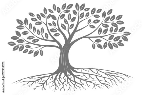 Stylized Tree with Visible Roots and Leaves.